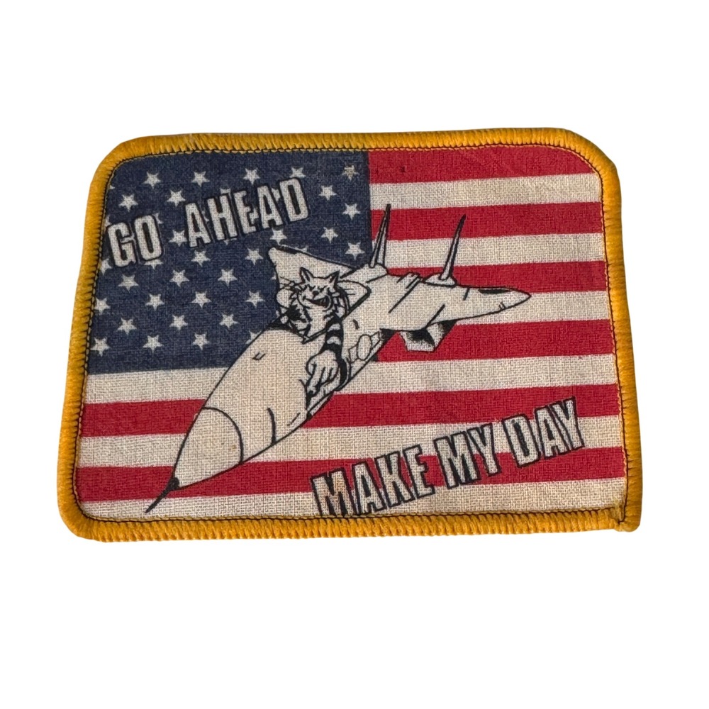 Vintage Go Ahead Make My Day Fighter Jet Cat US Flag Large Sew‎ On Patch 80s
